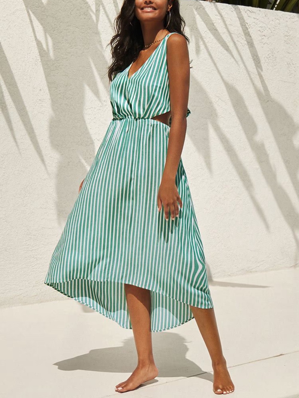 Cupshe Aileen Green & White Striped V-Neck, Back Tied High-Low Midi Dress Small